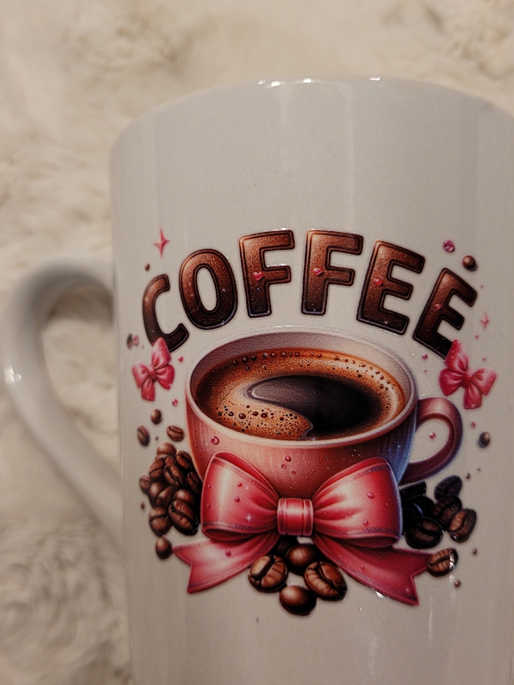 Custom White Coffee Mug with Pink Bow Graphic 14oz.